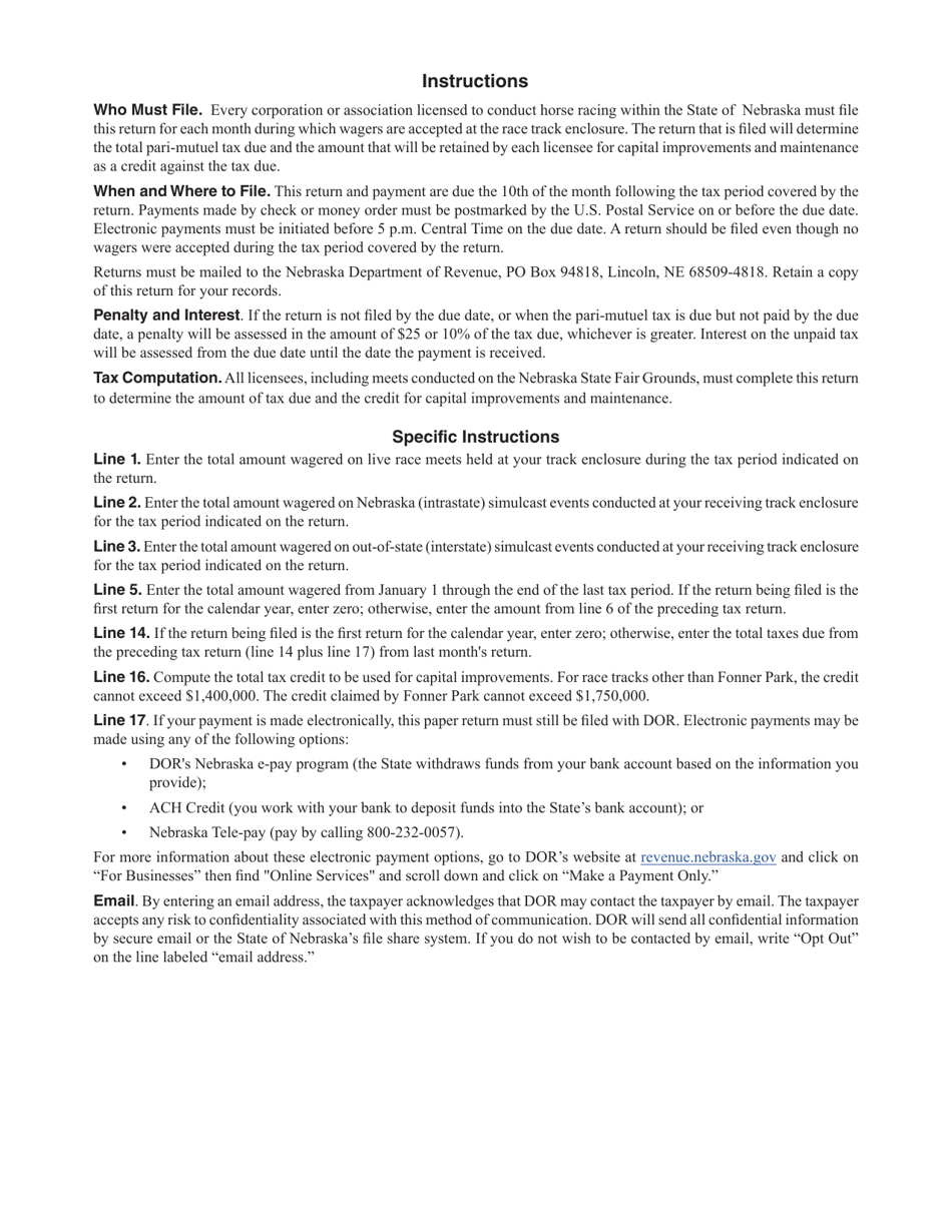 Form 69 Nebraska Pari-Mutuel Wagering Tax Return - Nebraska, Page 2