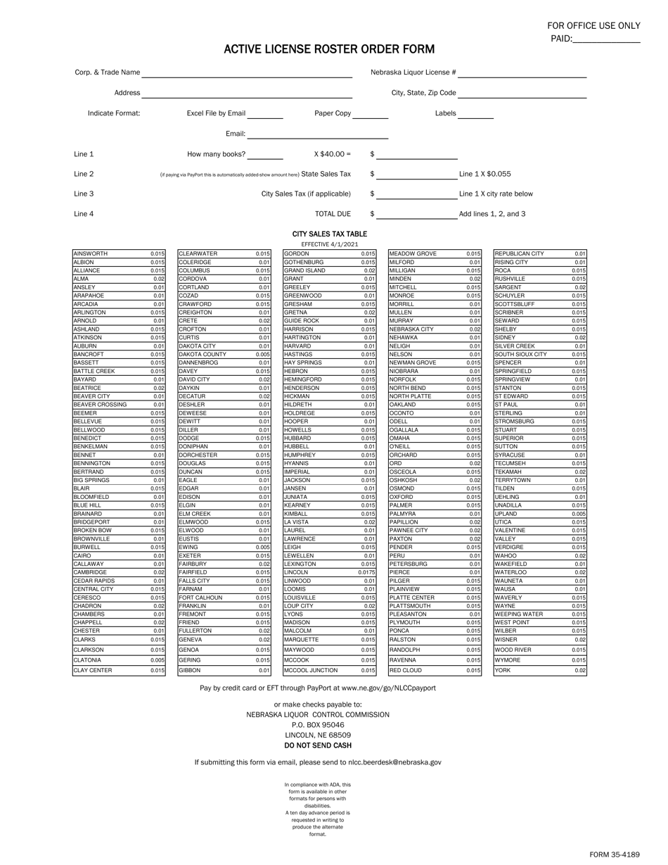 Form 35-4189 Active License Roster Order Form - Nebraska, Page 1