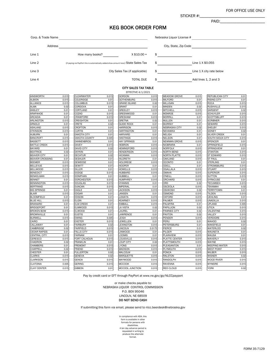 Form 35-7129 Keg Book Order Form - Nebraska, Page 1