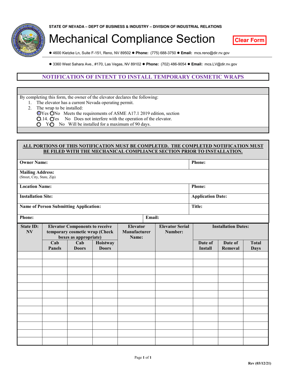 Notification of Intent to Install Temporary Cosmetic Wraps - Nevada, Page 1