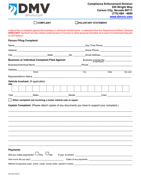 Form CED-020  Printable Pdf