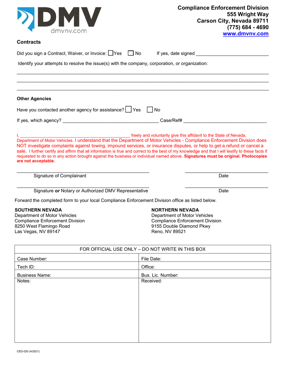 Form CED-020 Complaint / Voluntary Statement - Nevada, Page 2