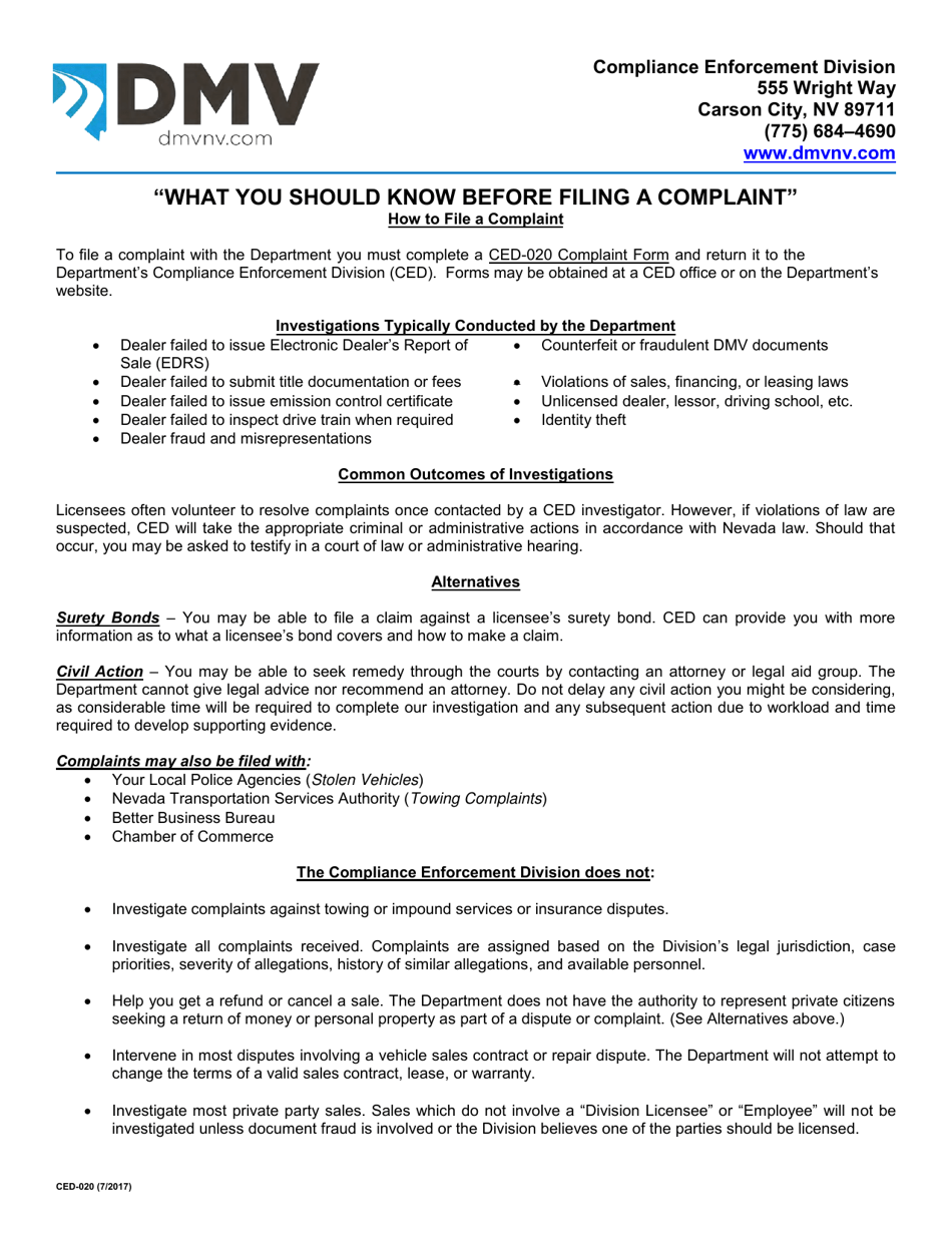 Form CED-020 Complaint / Voluntary Statement - Nevada, Page 3