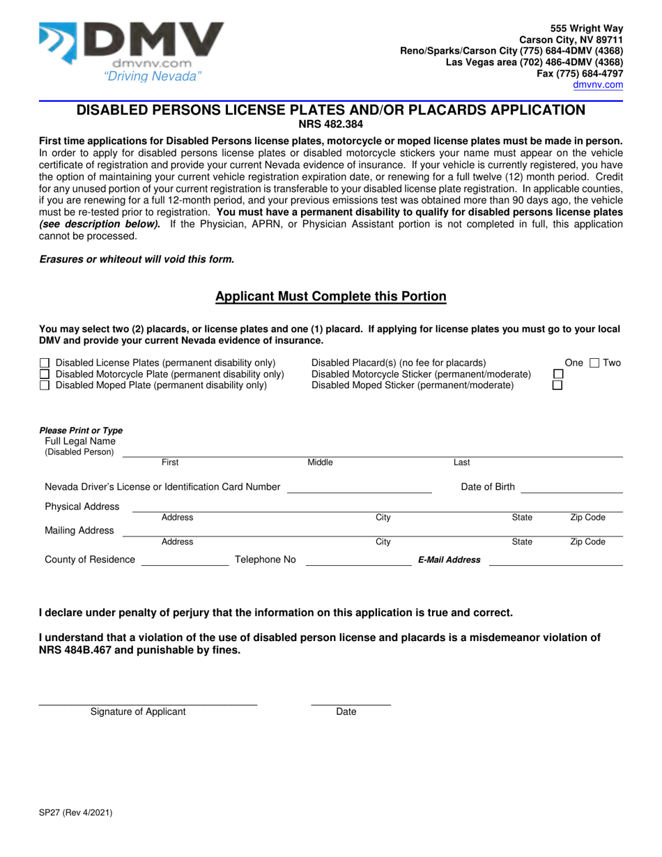 Form SP27 Disabled Persons License Plates and / or Placards Application - Nevada, Page 1
