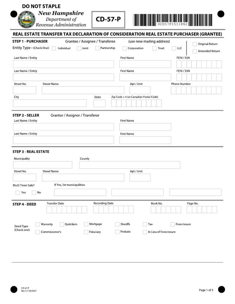 Form CD-57-P Real Estate Transfer Tax Declaration of Consideration Real Estate Purchaser (Grantee) - New Hampshire, Page 1