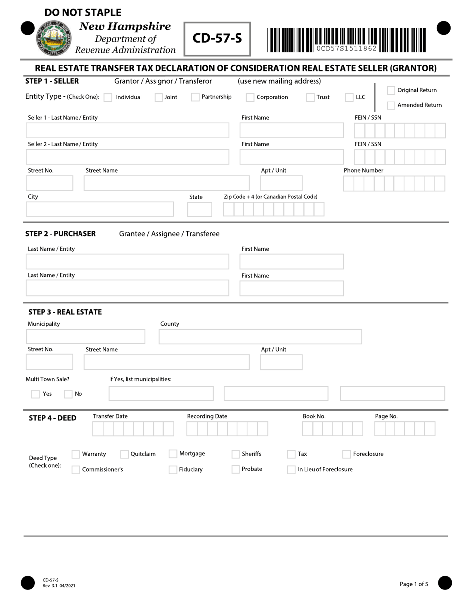 Form CD-57-S Real Estate Transfer Tax Declaration of Consideration Real Estate Seller (Grantor) - New Hampshire, Page 1