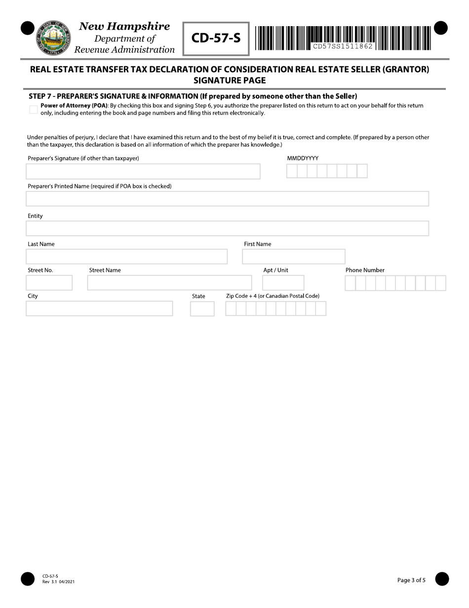 Form CD-57-S Real Estate Transfer Tax Declaration of Consideration Real Estate Seller (Grantor) - New Hampshire, Page 3