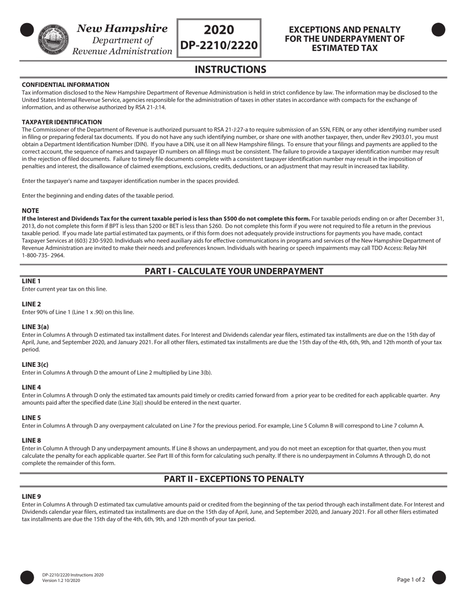 Instructions for Form DP-2210 / 2220 Exceptions and Penalty for the Underpayment of Estimated Tax - New Hampshire, Page 1