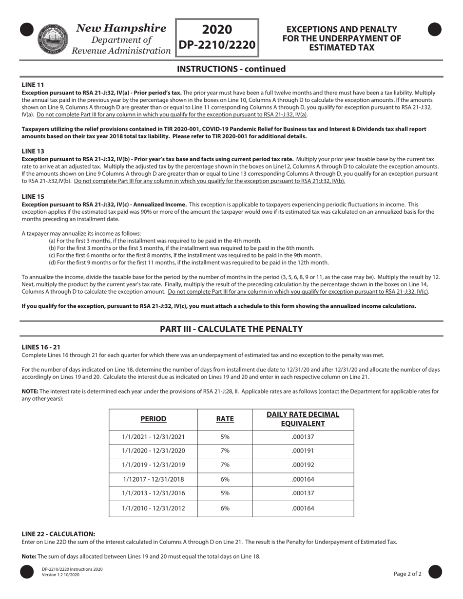 Instructions for Form DP-2210 / 2220 Exceptions and Penalty for the Underpayment of Estimated Tax - New Hampshire, Page 2