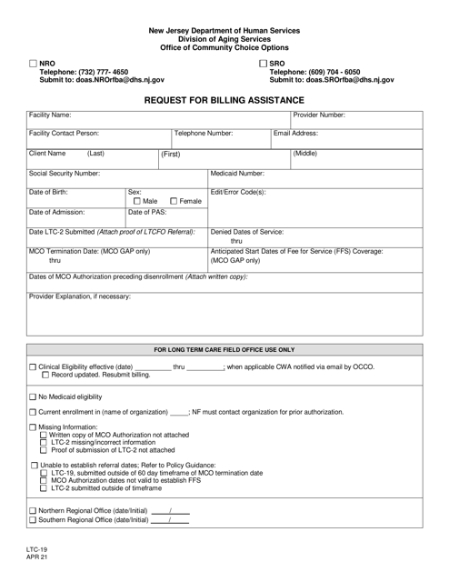 Form LTC-19 Request for Billing Assistance - New Jersey