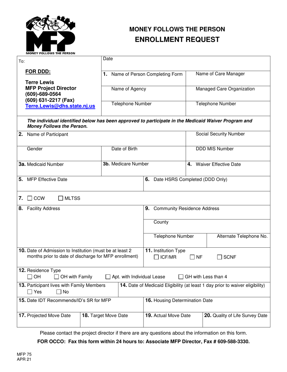 Form MFP75 Money Follows the Person Enrollment Request - New Jersey, Page 1
