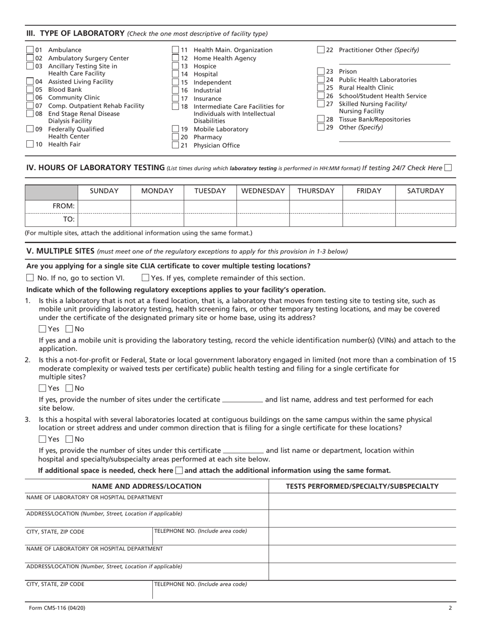 Form CMS-116 Clinical Laboratory Improvement Amendments (Clia) Application for Certification, Page 2