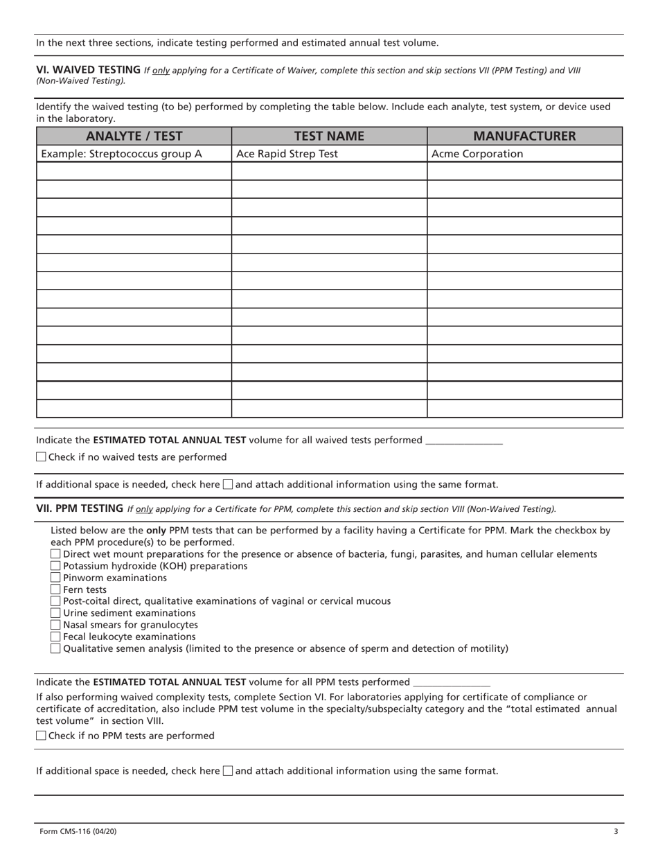 Form CMS-116 Clinical Laboratory Improvement Amendments (Clia) Application for Certification, Page 3