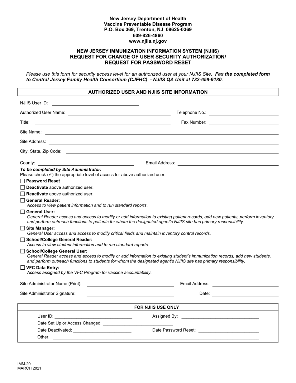 Form IMM-29 Request for Change of User Security Authorization / Request for Password Reset - New Jersey, Page 1