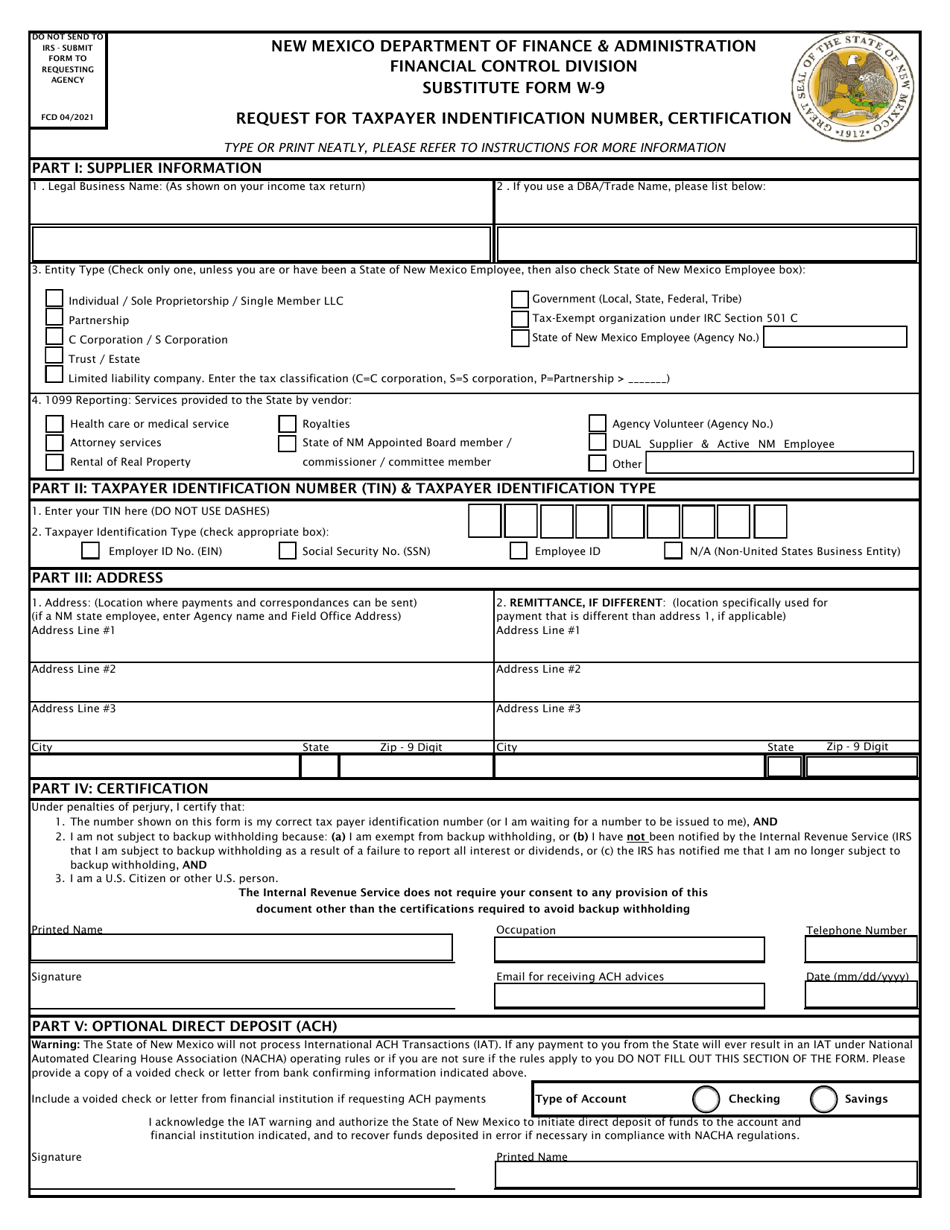 Substitute Form W-9 - Request for Taxpayer Indentification Number, Certification - New Mexico, Page 1