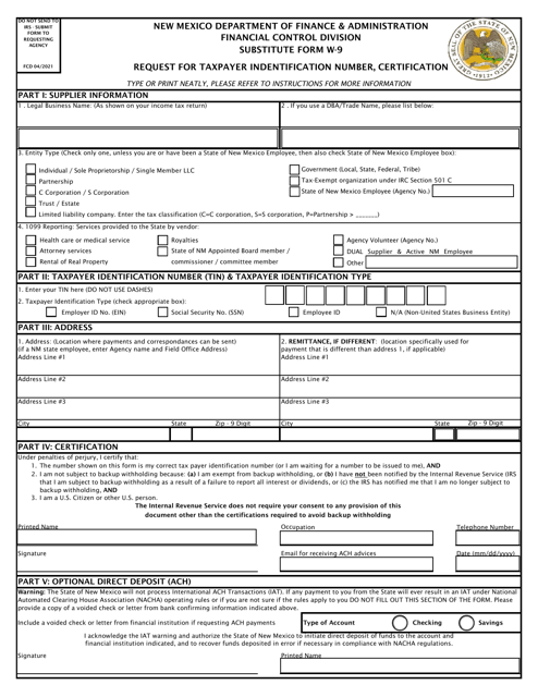 "Substitute Form W-9 - Request for Taxpayer Indentification Number, Certification" - New Mexico Download Pdf