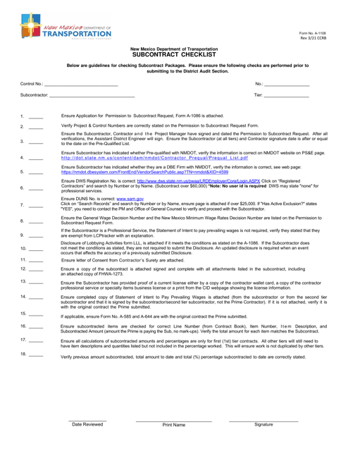 Form A-1108 Subcontract Checklist - New Mexico