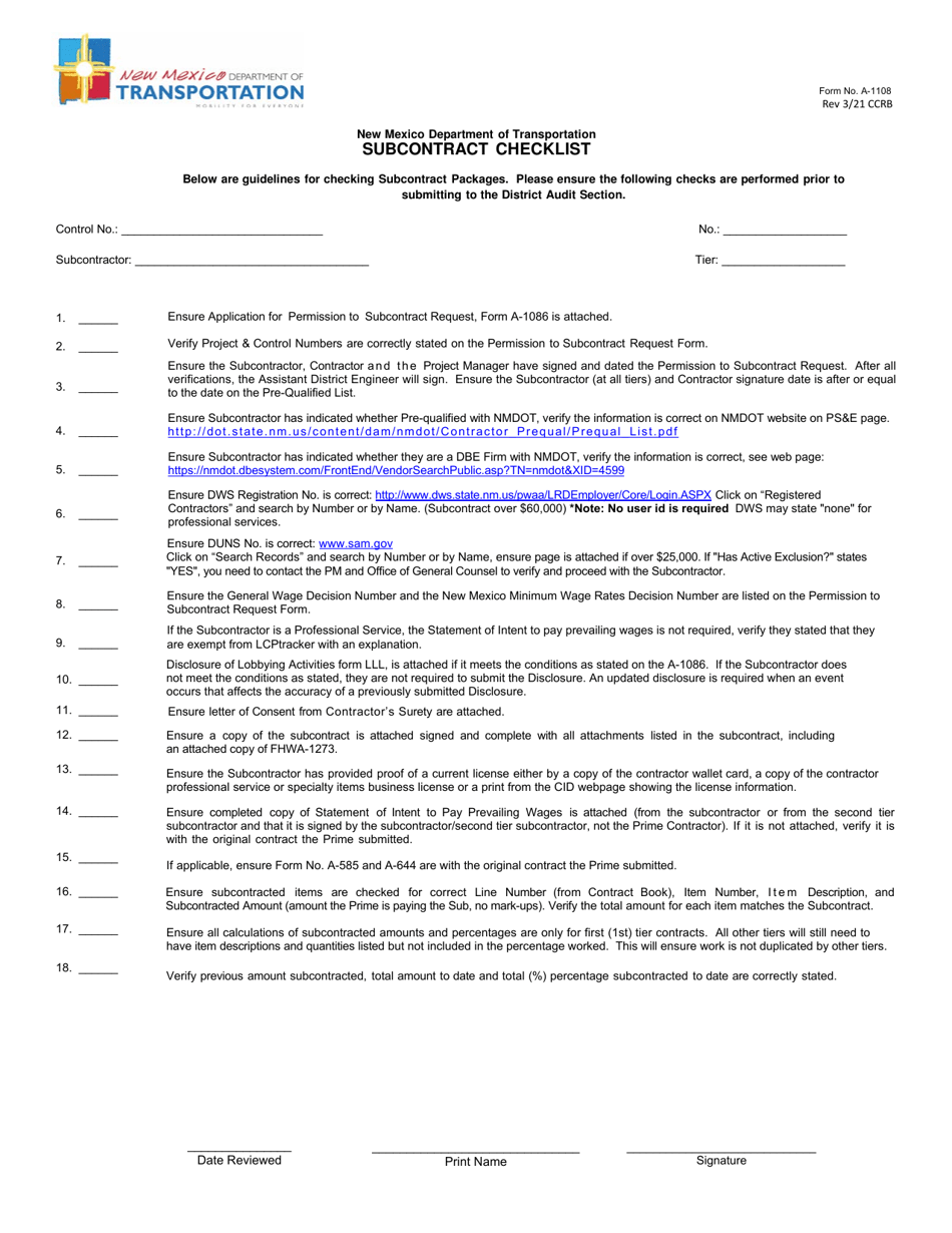 Form A-1108 Subcontract Checklist - New Mexico, Page 1