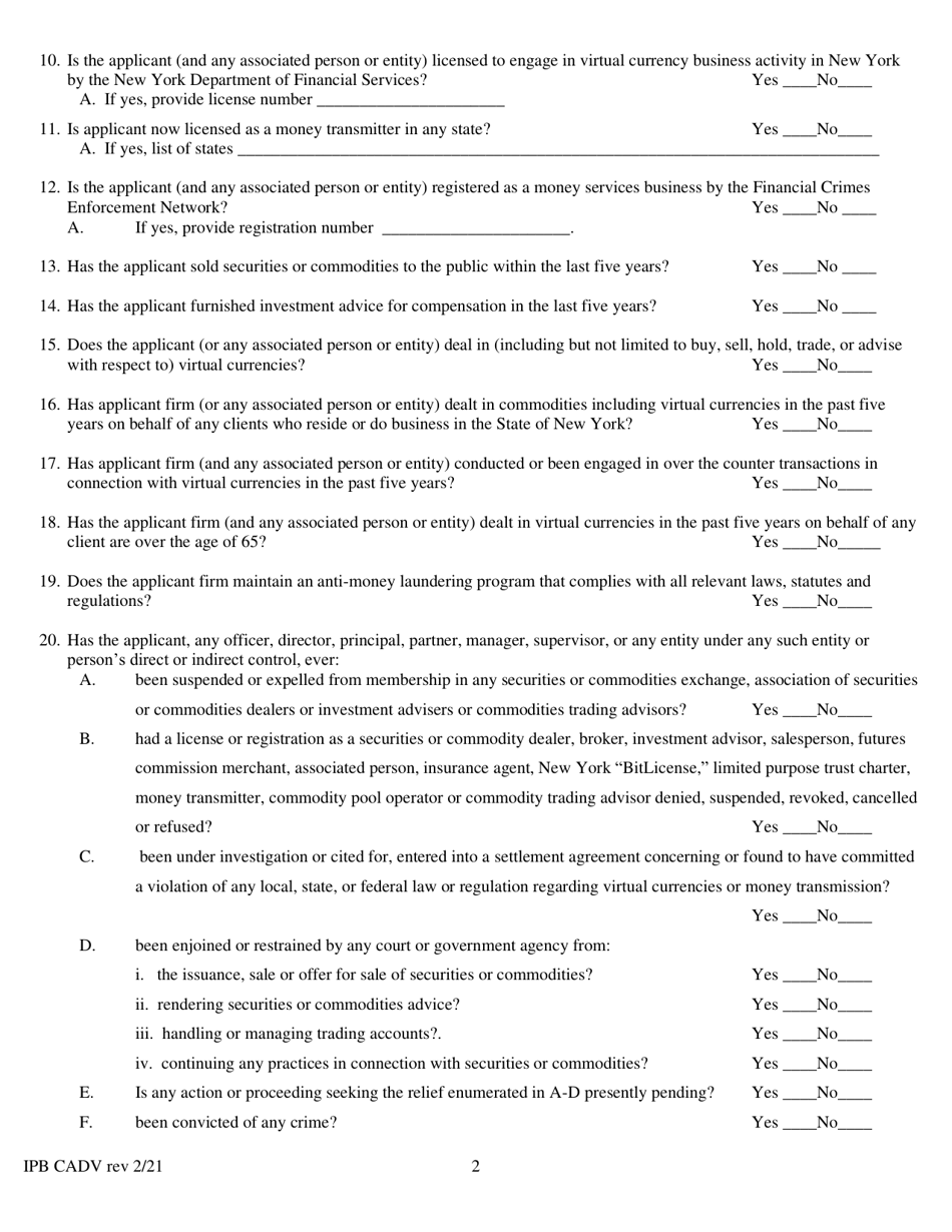 Form CADV Commodity Investment Advisor Statement - New York, Page 2