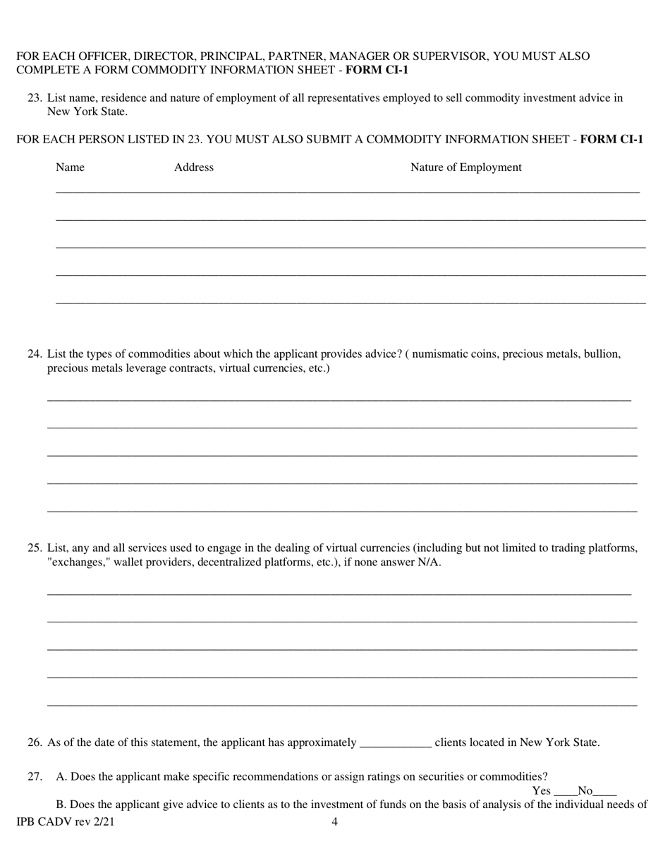Form CADV Commodity Investment Advisor Statement - New York, Page 4