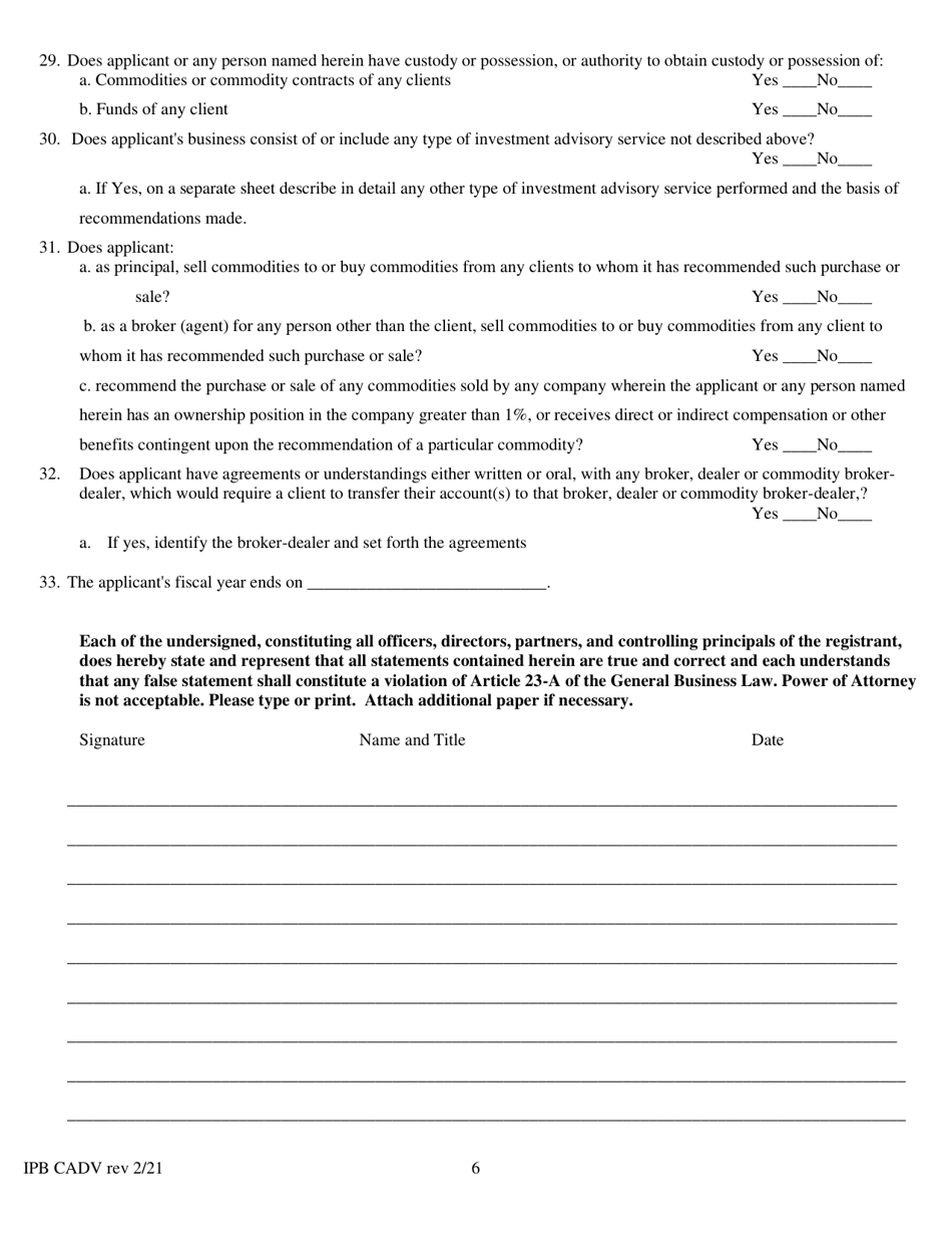 Form CADV Commodity Investment Advisor Statement - New York, Page 6