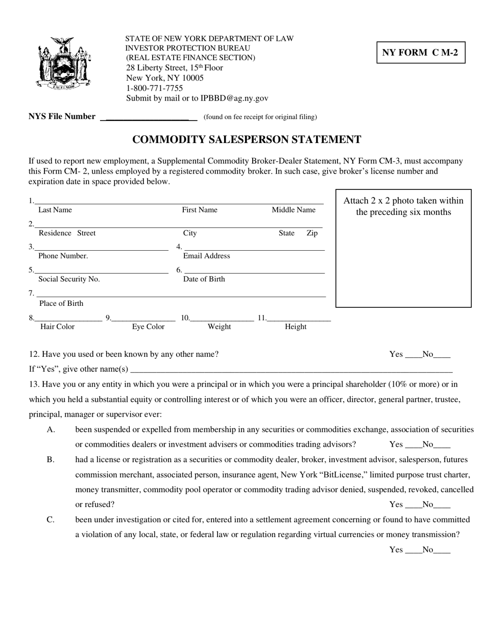 Form CM-2 Commodity Salesperson Statement - New York, Page 1