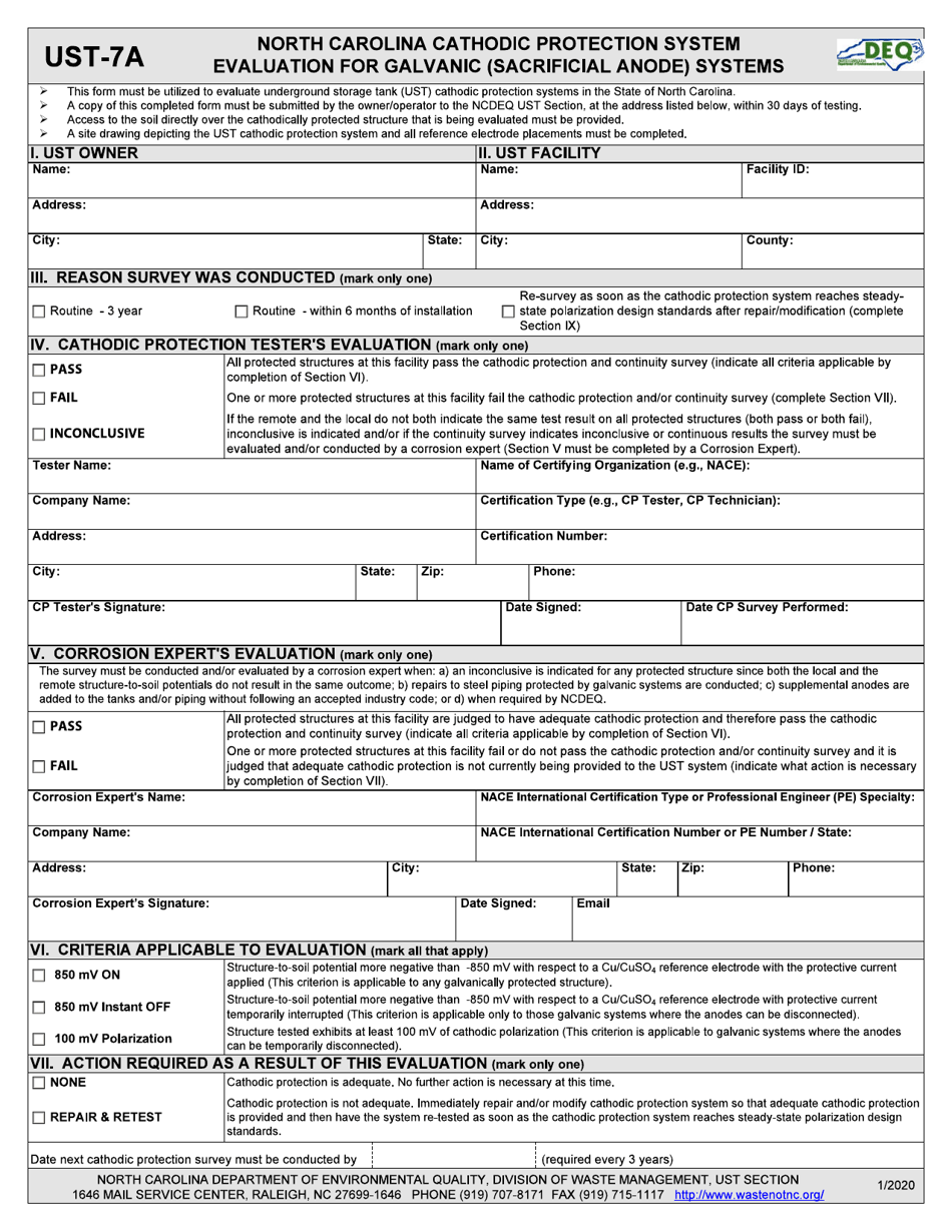 Form UST-7A Cathodic Protection Testing Form for Galvanic Cathodic Protection Systems - North Carolina, Page 1