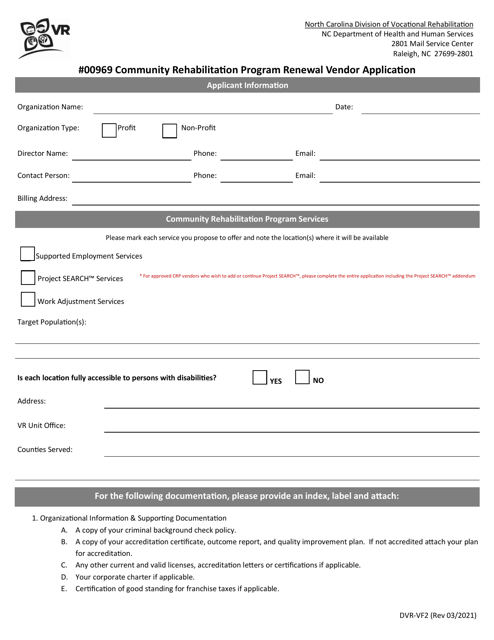 Form DVR-VF2 #00969 Community Rehabilitation Program Renewal Vendor Application - North Carolina