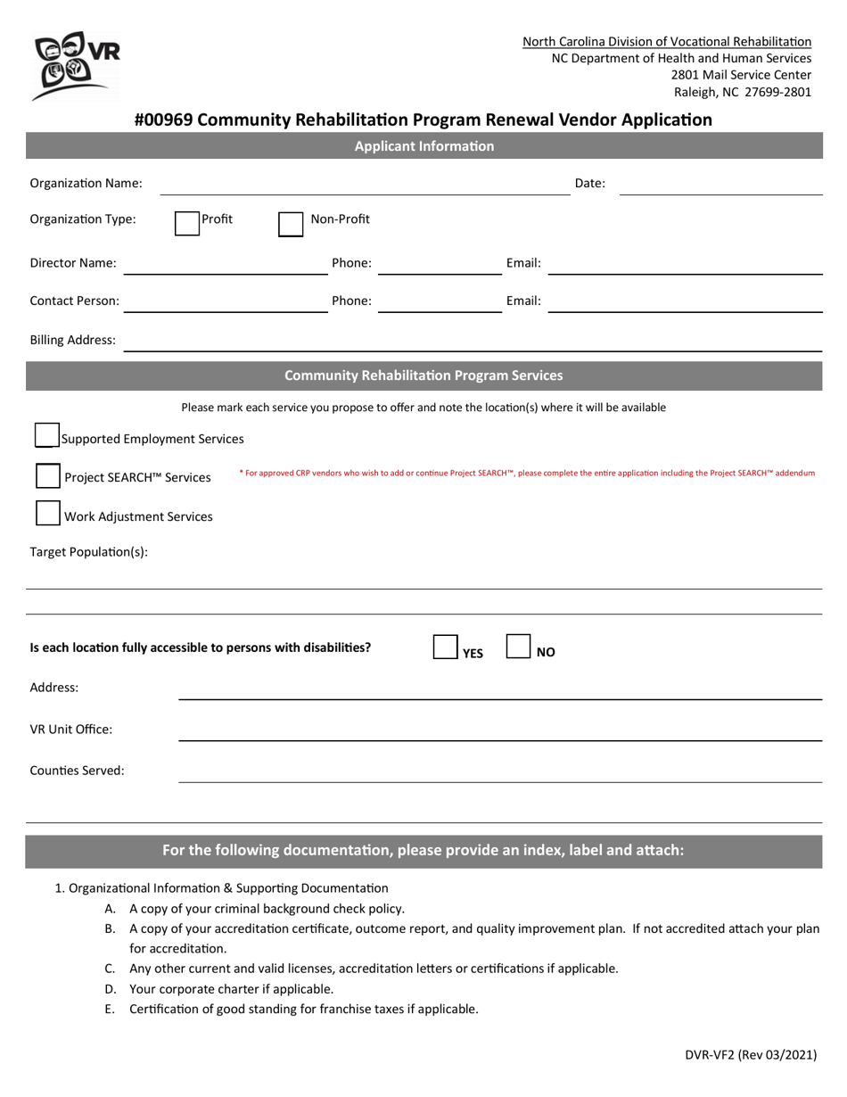 Form DVR-VF2 #00969 Community Rehabilitation Program Renewal Vendor Application - North Carolina, Page 1