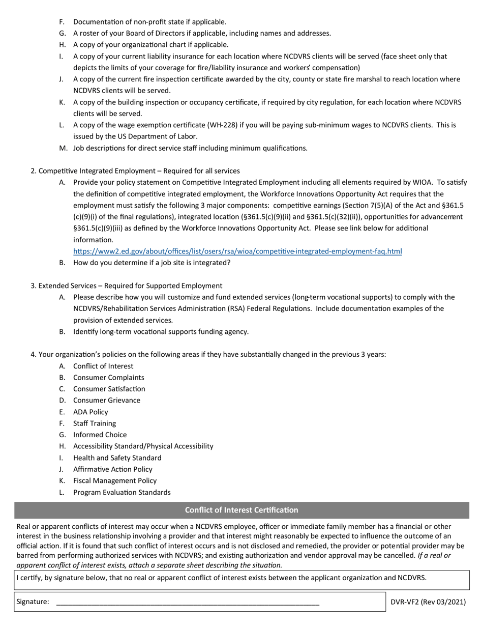 Form DVR-VF2 #00969 Community Rehabilitation Program Renewal Vendor Application - North Carolina, Page 2