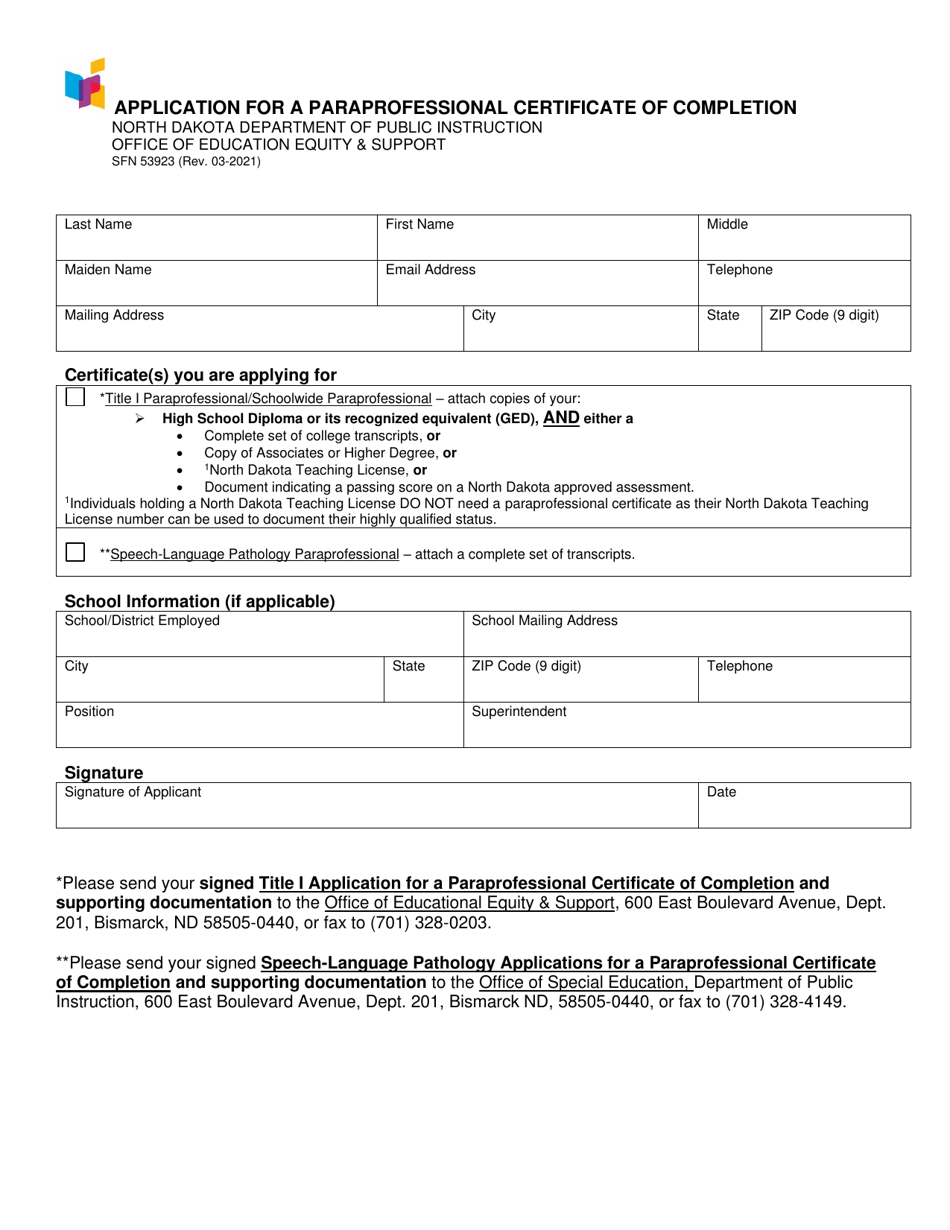 Form SFN53923 Application for a Paraprofessional Certificate of Completion - North Dakota, Page 1