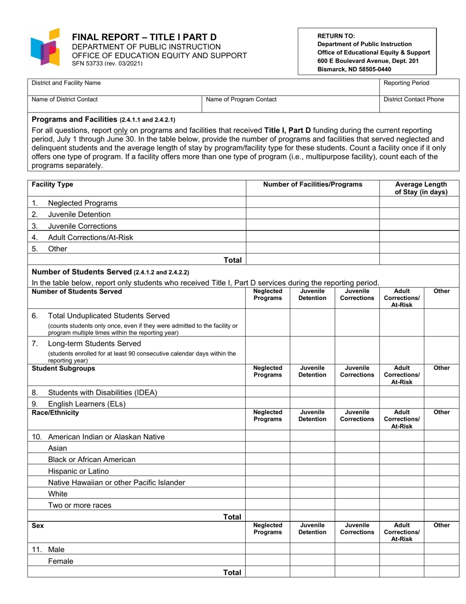 Form SFN53733 Download Fillable PDF Or Fill Online Final Report Title