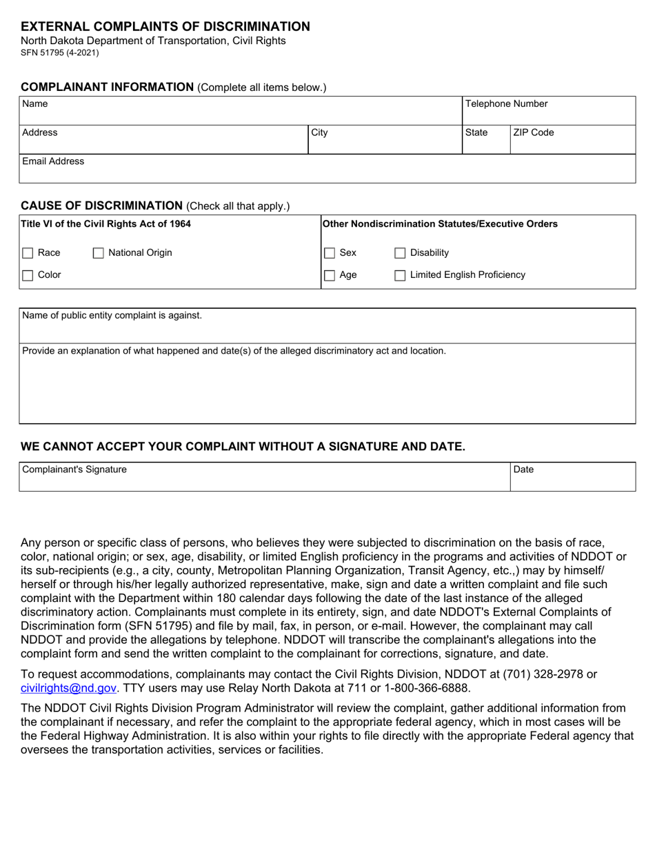 Form SFN51795 External Complaints of Discrimination - North Dakota, Page 1