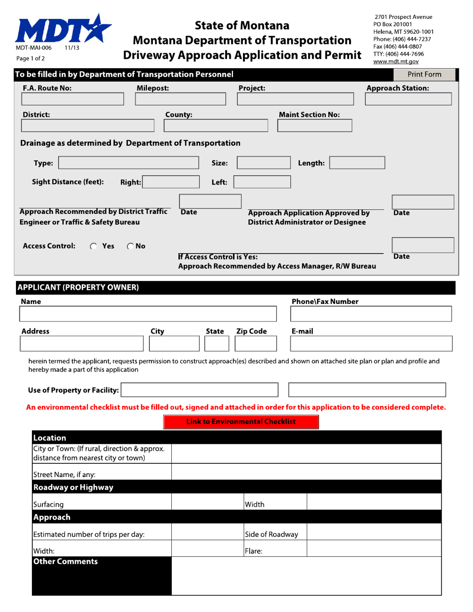 Form MDT-MAI-006 Driveway Approach Application and Permit - Montana, Page 1
