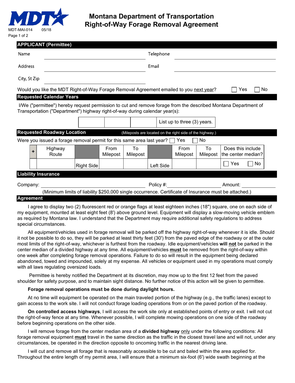 Form MDT-MAI-014 Right-Of-Way Forage Removal Agreement - Montana, Page 1