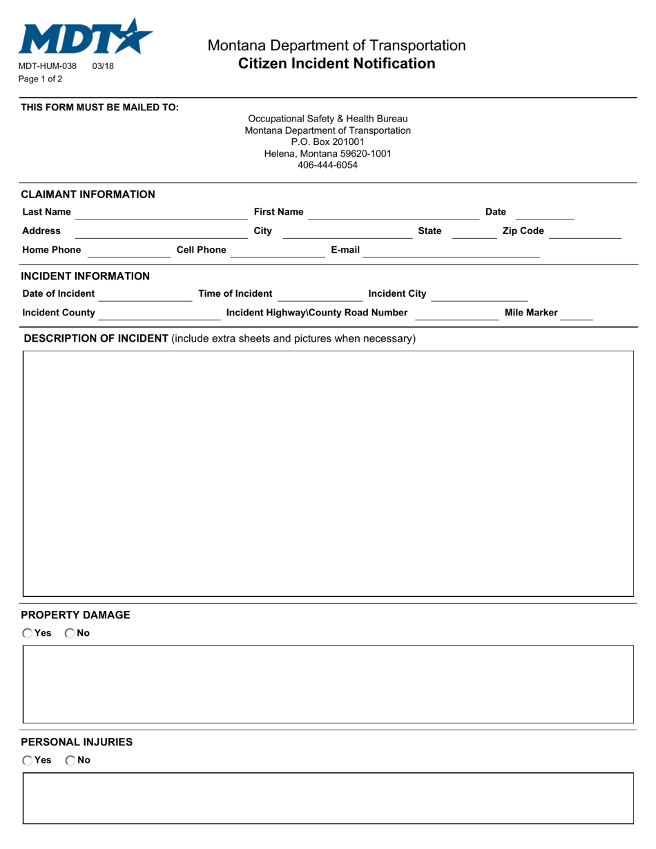Form MDT-HUM-038 Citizen Incident Notification - Montana, Page 1
