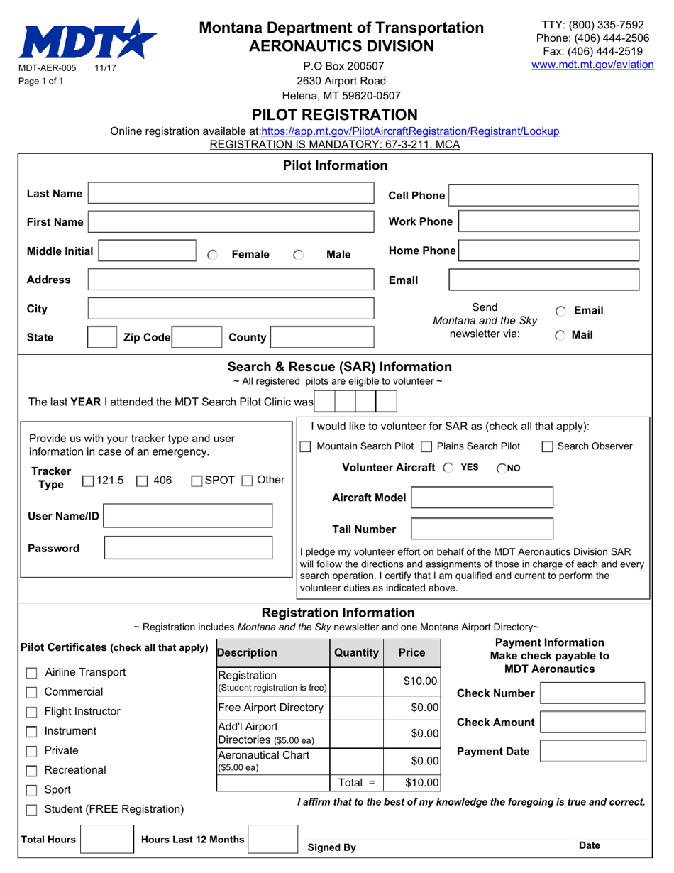 Form MDT-AER-005 Pilot Registration - Montana, Page 1