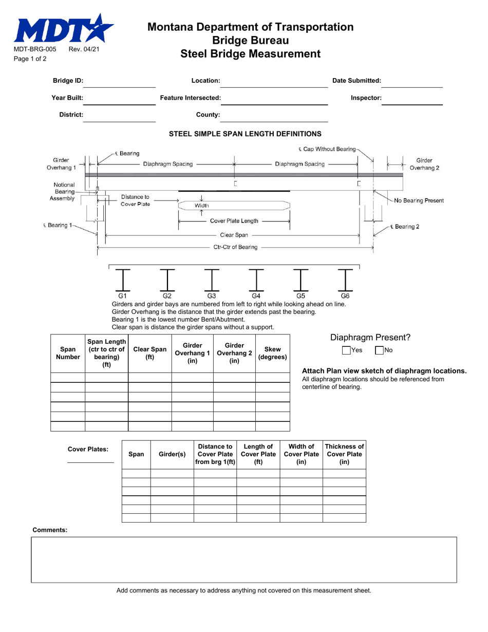 Form MDT-BRG-005 Steel Bridge Measurement - Montana, Page 1