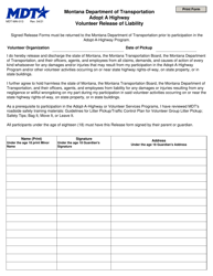 Form MDT-MAI-013 &quot;Volunteer Release of Liability - Adopt a Highway&quot; - Montana
