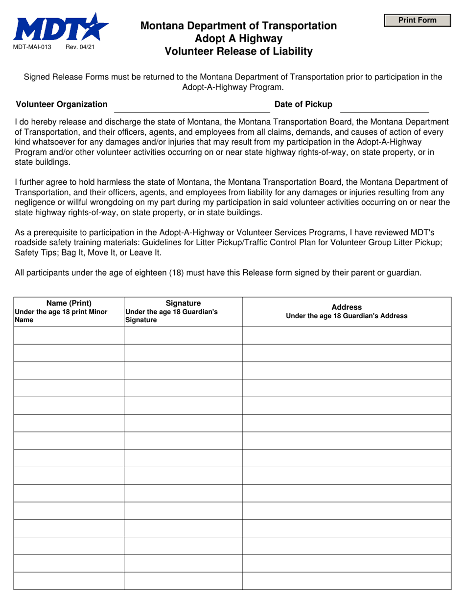 Form MDT-MAI-013 Volunteer Release of Liability - Adopt a Highway - Montana, Page 1