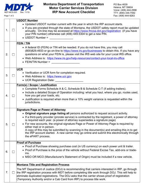 Form MDT-MCS-020 Irp New Account Checklist - Montana