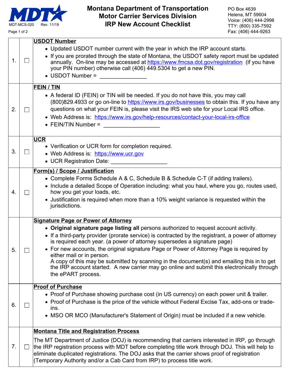 Form MDT-MCS-020 Irp New Account Checklist - Montana, Page 1