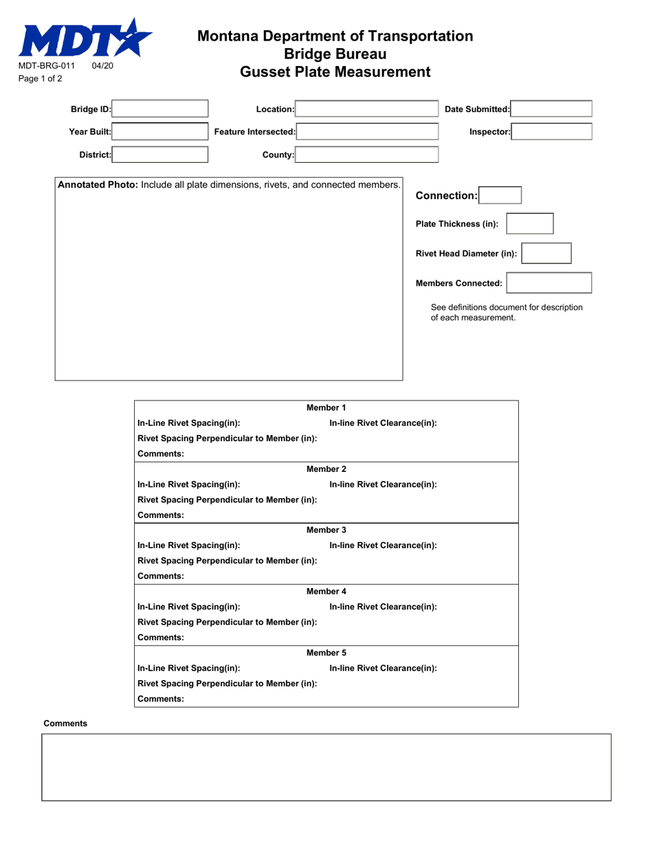 Form MDT-BRG-011 Gusset Plate Measurement - Montana, Page 1