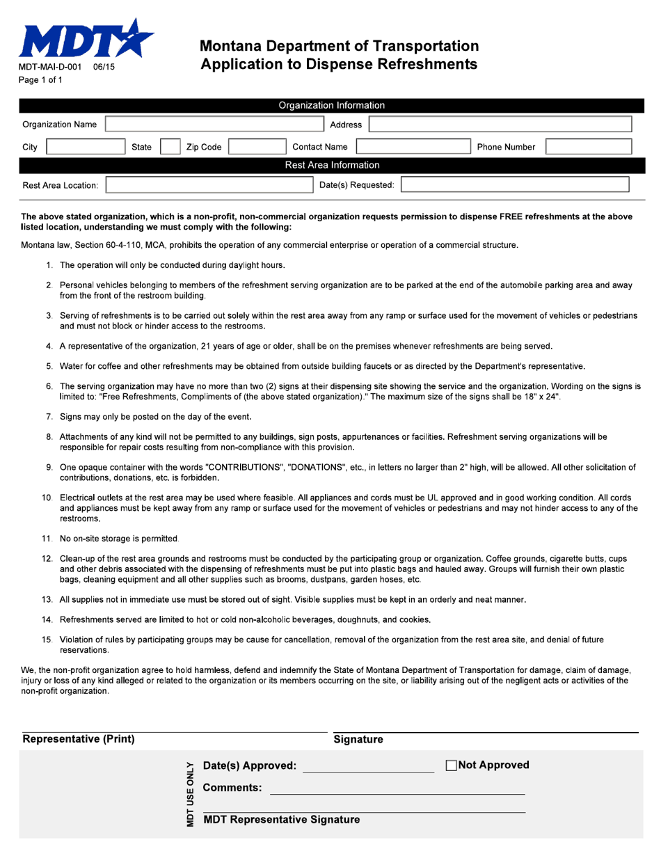 Form MDT-MAI-D-001 Application to Dispense Refreshments - Montana, Page 1