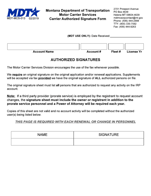 Form MDT-MCS-013 Carrier Authorized Signature Form - Montana
