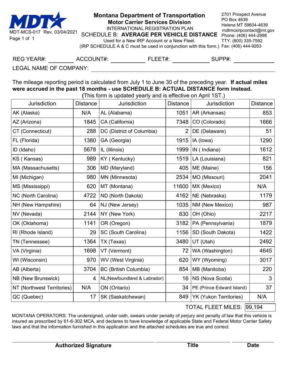 Form MDT-MCS-017 Schedule B International Registration Plan - Average Per Vehicle Distance - Montana, Page 1