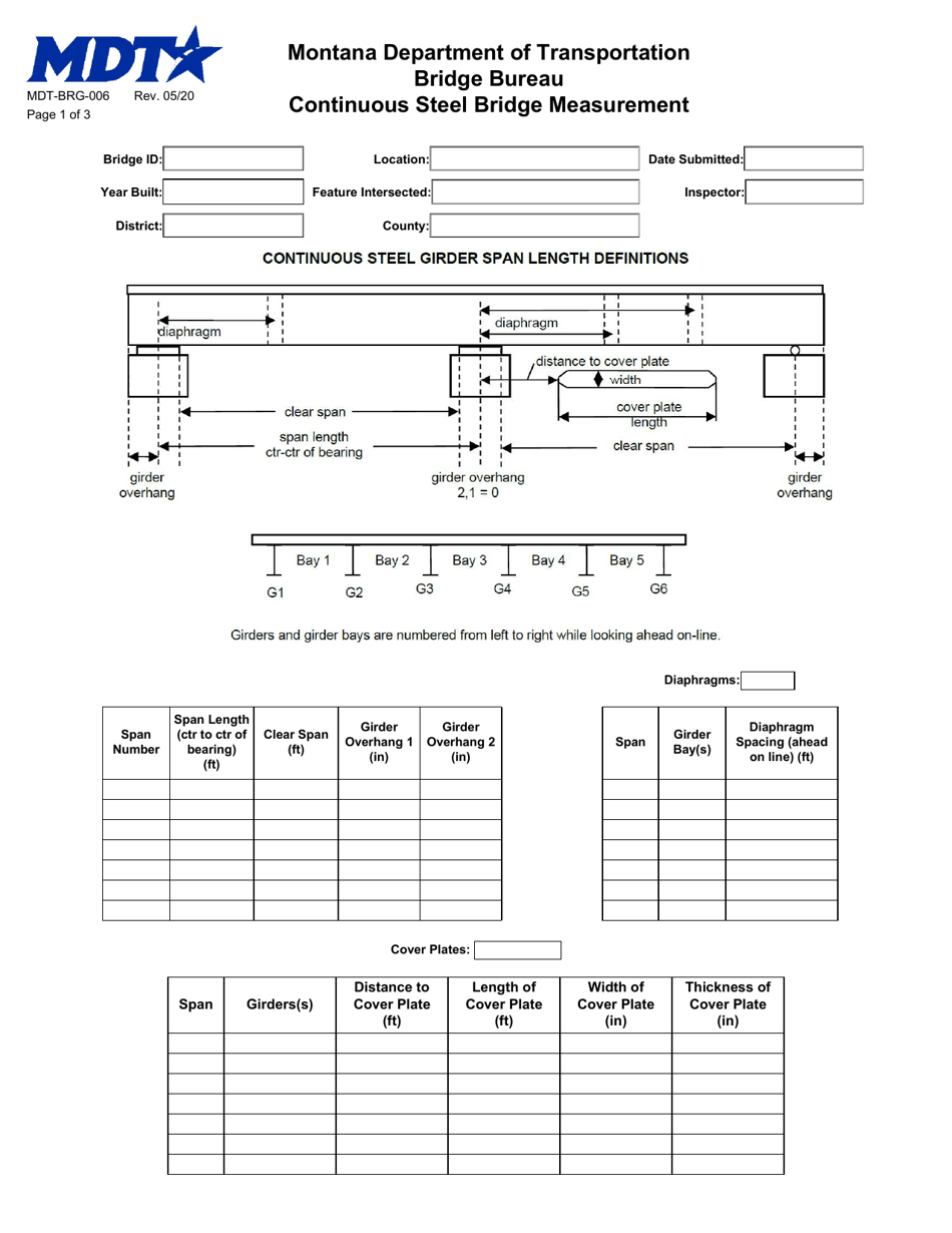 Form MDT-BRG-006 Continuous Steel Bridge Measurement - Montana, Page 1
