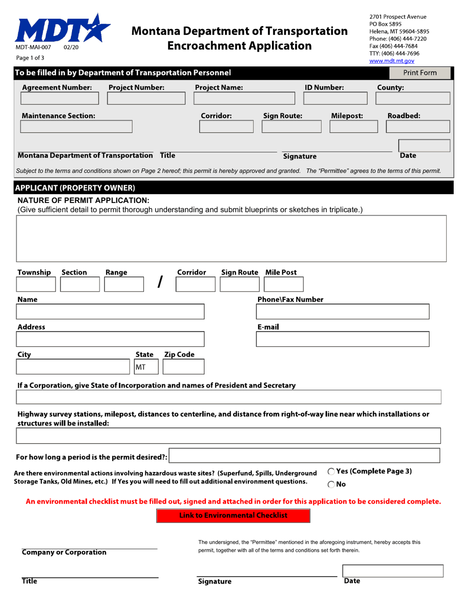 Form MDT-MAI-007 Encroachment Application - Montana, Page 1