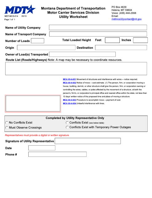 Form MDT-MCS-014 Utility Worksheet - Montana