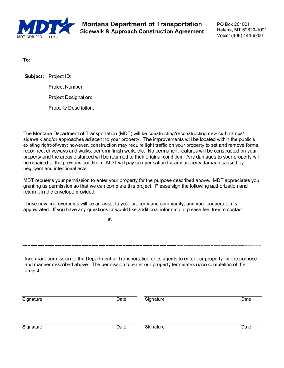 Form MDT-CDB-003 Sidewalk  Approach Construction Agreement - Montana, Page 1